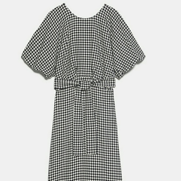 Zara Women Houndstooth Midi Dress Black White Balloon Sleeves Size M - Picture 8 of 16